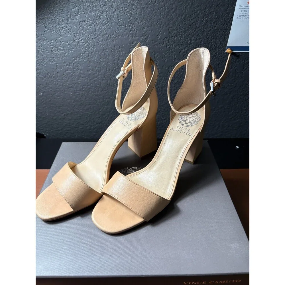 Vince Camuto Vc-Winderly Ankle Strap Block Heels Buff Baby Sheep Leather 9M
